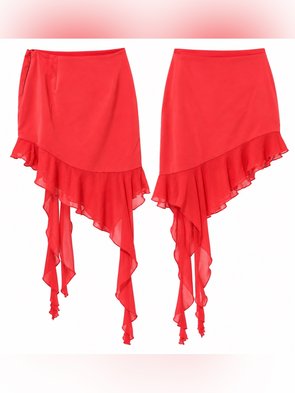 NBD Coral Red Asymmetrical Ruffle Skirt